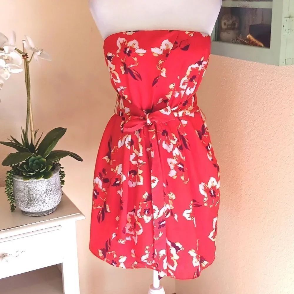 Express Vibrant Orange Satin Strapless Dress. Floral. Bright . Wedding Guest.
